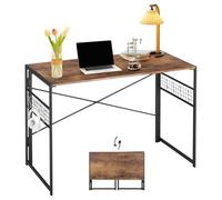 HOMYLIN Bureau Pliable de 100 cm, Table d'écriture, Bureau d'ordinateur avec Grille et 8 Crochets pour Chambre à Coucher, Appartement, Pas de Montage nécessaire, Marron Vintage