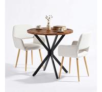 HOMYLIN Ensemble de salle à manger 3 pièces avec table ronde de 80 cm et 2 chaises en tissu, accoudoirs, pieds en métal clair aspect bois, salle à manger compacte pour cuisine