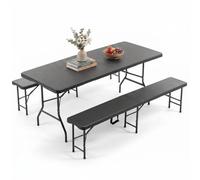 HOMYLIN Ensemble de salle à manger de jardin noir 3 pièces avec table pliante et 2 bancs