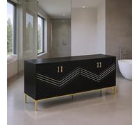 HOMYLIN Meuble de rangement de salle de bain avec quatre portes et base surélevée en métal, meuble autonome pour serviettes et articles de toilette, noir