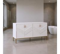 HOMYLIN Meuble de rangement de salle de bain avec quatre portes et base surélevée en métal, meuble autonome pour serviettes et articles de toilette, blanc