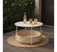 HOMYLIN Table basse d'extérieur avec panier de rangement pour terrasse, balcon et jardin Blanc