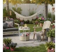 HOMYLIN Table d'appoint d'extérieur avec panier de rangement en tissu, table d'appoint blanche pour balcon ou jardin, cadre en métal léger, blanc