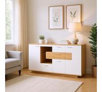 HOMYLIN Table d'appoint moderne à LED, armoire de rangement en bois de 160 cm, avec 2 portes et 4 tiroirs pour salon et rangement, blanc