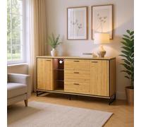 HOMYLIN Table d'appoint moderne à LED avec rangement, 3 tiroirs et 2 armoires, 16 couleurs claires, finition bois, idéale pour les coins de salon, couleur naturelle