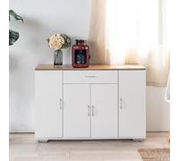 HOMYLIN Table d'appoint moderne avec plateau en grain de chêne, 1 tiroir et armoires de rangement, étagères réglables, table d'appoint compacte en MDF pour organiser le canapé, blanc