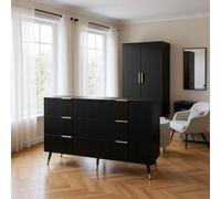 HOMYLIN Table d'appoint moderne avec poignées dorées, larges tiroirs de rangement, table d'appoint d'appoint pour salon, 120 × 40 × 77 cm, noire