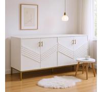 HOMYLIN Table d'appoint moderne avec portes à motif chevron et pieds dorés, armoire de rangement élégante pour le salon, blanc