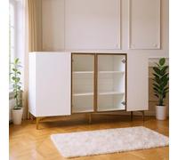 HOMYLIN Table d'appoint moderne avec portes en verre et compartiments de rangement, armoire latérale de 150 cm de large avec pieds dorés, pour salon - Blanc