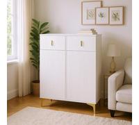 HOMYLIN Table d'appoint moderne avec tiroirs de rangement et étagères, pieds en métal doré, table d'appoint pour salon, blanc