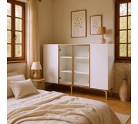HOMYLIN Table de chevet élégante avec portes en verre et étagères cachées, armoire de rangement de 85 cm de haut avec pieds dorés, blanc