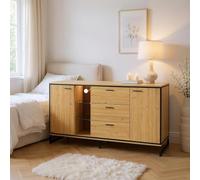HOMYLIN Table de chevet en bois avec 3 tiroirs et lumières LED, 16 couleurs, table de chevet moderne avec armoires, 160 × 40 × 85 cm, couleur naturelle