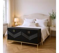 HOMYLIN Table de chevet moderne avec portes à chevrons et pieds dorés, meuble de rangement pour chambre à coucher, noir