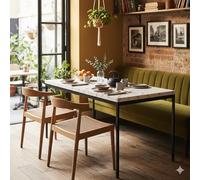 HOMYLIN Table de salle à manger commerciale de 150 cm avec dessus stratifié imitation marbre et pieds en métal noir, table de restaurant durable, blanc