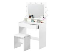 HOMYLIN Vanity Bureau avec Miroir et lumières, Ensemble vanité de Maquillage et Tabouret rembourré, Coiffeuse avec tiroirs et séparateur de Table pour Chambre à Coucher, Dressing, Studio, Blanc