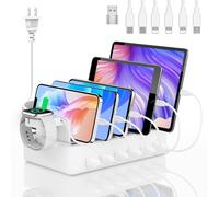 Honcila Station de charge pour plusieurs appareils, 6 ports 50 W, station de charge rapide avec 6 câbles de charge mixtes pour iPhone, iPad, Kindle, tablette, téléphone portable et autres