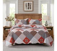 HoneiLife Parure de lit Queen Size - 3 pièces en Microfibre - Housse réversible - Patchwork - Housse de Couette légère - Couettes Florales Toutes Saisons - Rouge Amarante