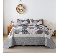 HoneiLife Queen Size Quilt Set - 3 Pieces - Grey Border Microfiber Bedding Set - Lightweight, Reversible Coverlets, Floral Bedding - All Season Quilts