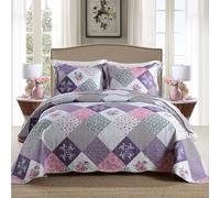 HoneiLife Quilt Set Queen Size - 3 Piece Microfiber Quilts Reversible Bedspreads Patchwork Coverlets Floral Bedding Set All Season Quilts with Geometric and Little Rose Print Pattern,Queen Size