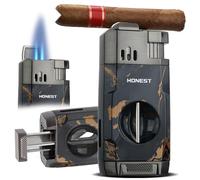 HONEST Allume-cigare avec flamme de jet coupe-vent, coupe-cigare en V intégré, cadeau pour Noël, briquet rechargeable au butane tout-en-un, briquet cool pour fumer, cigares (marbre noir)