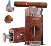 HONEST Briquet torche avec flamme de jet coupe-vent, coupe-cigare en V intégré, cadeau pour Noël, briquet au butane rechargeable, briquet cool tout-en-un pour fumer, cigares (marron B)