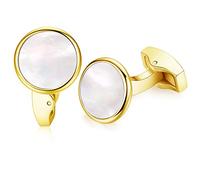 HONEY BEAR Coquille blanche Perles/agate d'onyx noir Rond boutons de manchette Pour hommes pour mariage d'affaires (Boîtier blanc et Or)