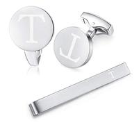 HONEY BEAR Initiale Lettre Alphabet Boutons de Manchette & Pinces à Cravate Set - Acier Inoxydable pour Le Cadeau d'affaires de Mariage de Chemise d'hommes (Argent brossé) (T)