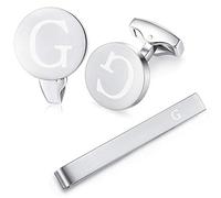 HONEY BEAR Initiale Lettre Alphabet Boutons de Manchette & Pinces à Cravate Set - Acier Inoxydable pour Le Cadeau d'affaires de Mariage de Chemise d'hommes (Argent brossé) (G)