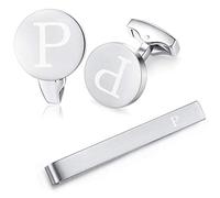 HONEY BEAR Initiale Lettre Alphabet Boutons de Manchette & Pinces à Cravate Set - Acier Inoxydable pour Le Cadeau d'affaires de Mariage de Chemise d'hommes (Argent brossé) (P)