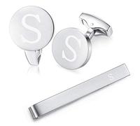 HONEY BEAR Initiale Lettre Alphabet Boutons de Manchette & Pinces à Cravate Set - Acier Inoxydable pour Le Cadeau d'affaires de Mariage de Chemise d'hommes (Argent brossé) (S)
