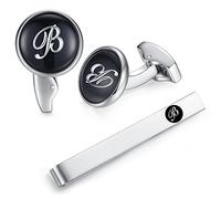 HONEY BEAR Initiale Lettre Alphabet Boutons de Manchette & Pinces à Cravate Set - Cuivre pour Le Cadeau D'affaires de Mariage de Chemise D'hommes,Argent avec Noir (B set)
