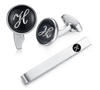 HONEY BEAR Initiale Lettre Alphabet Boutons de Manchette & Pinces à Cravate Set - Cuivre pour Le Cadeau D'affaires de Mariage de Chemise D'hommes,Argent avec Noir (H set)