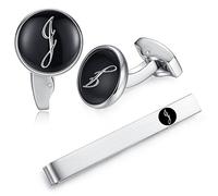 HONEY BEAR Initiale Lettre Alphabet Boutons de Manchette & Pinces à Cravate Set - Cuivre pour Le Cadeau D'affaires de Mariage de Chemise D'hommes,Argent avec Noir (J set)