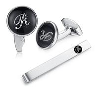 HONEY BEAR Initiale Lettre Alphabet Boutons de Manchette & Pinces à Cravate Set - Cuivre pour Le Cadeau D'affaires de Mariage de Chemise D'hommes,Argent avec Noir (R set)