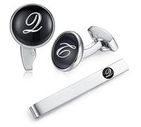 HONEY BEAR Initiale Lettre Alphabet Boutons de Manchette & Pinces à Cravate Set - Cuivre pour Le Cadeau D'affaires de Mariage de Chemise D'hommes,Argent avec Noir (Q set)