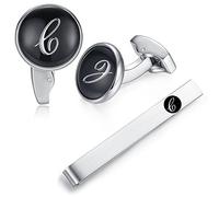 HONEY BEAR Initiale Lettre Alphabet Boutons de Manchette & Pinces à Cravate Set - Cuivre pour Le Cadeau D'affaires de Mariage de Chemise D'hommes,Argent avec Noir (C set)
