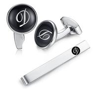 HONEY BEAR Initiale Lettre Alphabet Boutons de Manchette & Pinces à Cravate Set - Cuivre pour Le Cadeau D'affaires de Mariage de Chemise D'hommes,Argent avec Noir (D set)