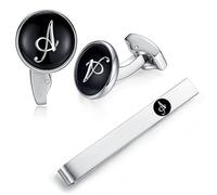 HONEY BEAR Initiale Lettre Alphabet Boutons de Manchette & Pinces à Cravate Set - Cuivre pour Le Cadeau D'affaires de Mariage de Chemise D'hommes,Argent avec Noir (A set)