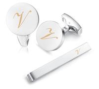 HONEY BEAR Initiale Lettre Alphabet Boutons de Manchette & Pinces à Cravate Set pour Le Cadeau affaires de Mariage de Chemise hommes Argent brossé (V)