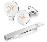 HONEY BEAR Initiale Lettre Alphabet Boutons de Manchette & Pinces à Cravate Set pour Le Cadeau affaires de Mariage de Chemise hommes Argent brossé (H Mise à niveau avec boîte)