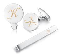 HONEY BEAR Initiale Lettre Alphabet Boutons de Manchette & Pinces à Cravate Set pour Le Cadeau affaires de Mariage de Chemise hommes Argent brossé (K)