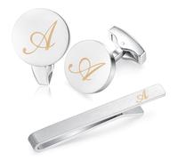 HONEY BEAR Initiale Lettre Alphabet Boutons de Manchette & Pinces à Cravate Set pour Le Cadeau affaires de Mariage de Chemise hommes Argent brossé (A Mise à niveau avec boîte)