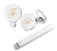 HONEY BEAR Initiale Lettre Alphabet Boutons de Manchette & Pinces à Cravate Set pour Le Cadeau affaires de Mariage de Chemise hommes Argent brossé (F)