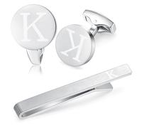 HONEY BEAR Initiale Lettre Alphabet Boutons de Manchette & Pinces à Cravate Set pour Le Cadeau D'affaires de Mariage de Chemise D'hommes (Argent brossé) (K Épaissir)