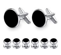 Honey Bear Lot de 6 boutons de manchette et goujons argent, onyx noir, pour chemises homme, tuxedo, cadeau de mariage