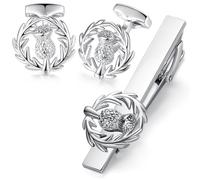 HONEY BEAR Thistle Chardon Fleur Ecosse Boutons de manchette Pinces à Cravate Set - La Place pour le Cadeau d'affaires de Mariage de Chemise d'hommes, Argent