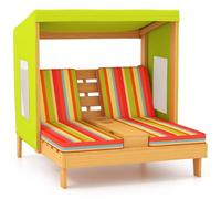 HONEY JOY Chaise longue d'extérieur en bois pour enfants avec auvent, porte-gobelets, coussins amovibles en tissu rayé, meubles de terrasse pour 2 personnes (vert clair)