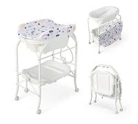 HONEY JOY Table à langer pliable avec baignoire, station à langer pliable avec roulettes, plateau de rangement, tapis imperméable, organiseur portable pour chambre de nouveau-né, support de bain pour