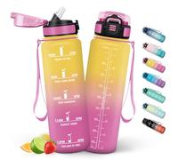 HoneyHolly Gourde 1L, Gourde avec Paille, Bouteille Adaptée aux Boissons Gazeuses, Water Bottle Paille Adulte, avec Marquage du Temps, Étanche et sans BPA, Bouteille d'eau pour Sport, Bureau