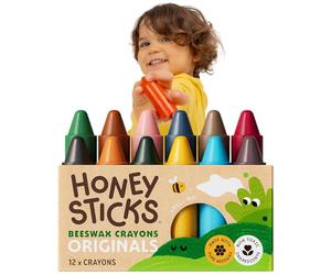 Honeysticks Boîte de 12 Gros Crayons 100% en Pure Cire d’Abeille naturels et Non Toxiques, idéals pour Les Tout Petits (1 an et Plus) comme Les Plus Grands, Faits Main en Nouvelle-Zélande